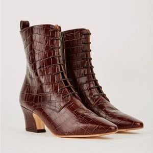 Miista Leather Lace Up Ankle Boot in Brown/Burgundy Croc